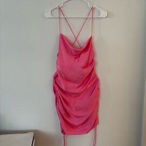 brand new! zara bright pink satin ruched side cowl neck strappy back mini dress🩷